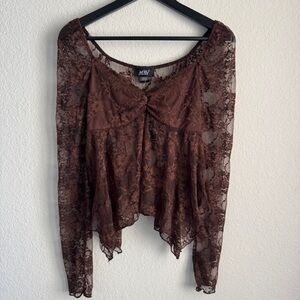 Just Polly Chocolate Brown Sheer Lace Long-Sleeve Top. NWT